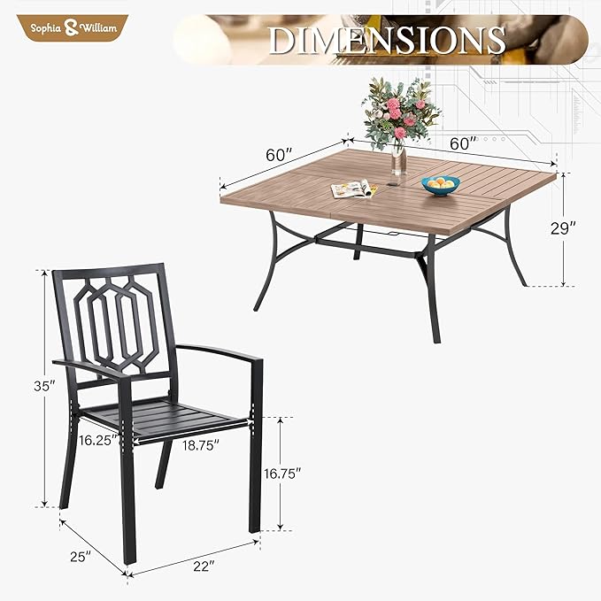 Sophia & William Patio Table and Chairs Set, Outdoor Dining Set for 8, 9 Piece Metal Patio Furniture, 60" Square Table with Wood-Like Tabletop(Geometry)