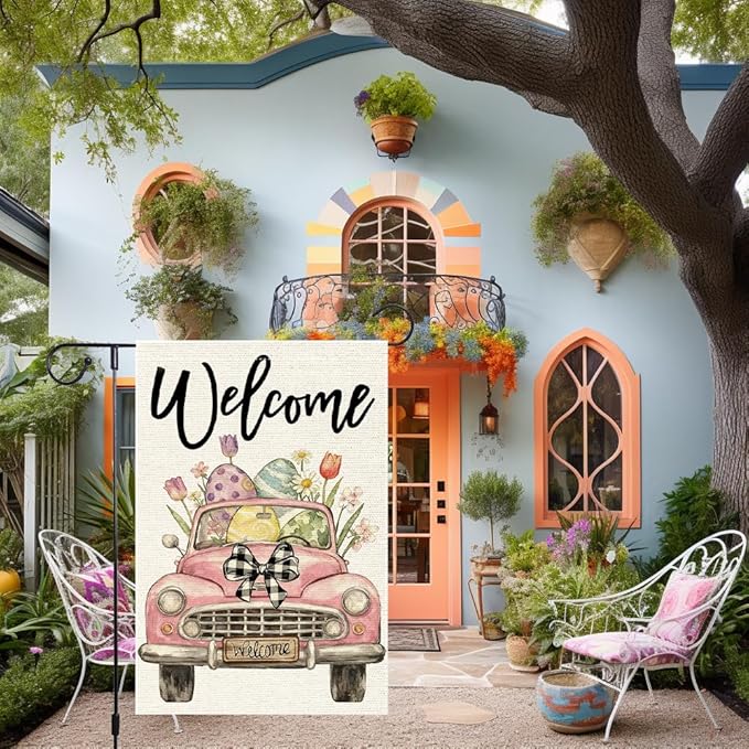 Welcome Easter Garden Flag 12x18 Inch Double Sided Burlap Pink Vintage Car Easter Eggs Flowers Buffalo Check Bow Outdoor Decor for Yard Patio Spring Decor