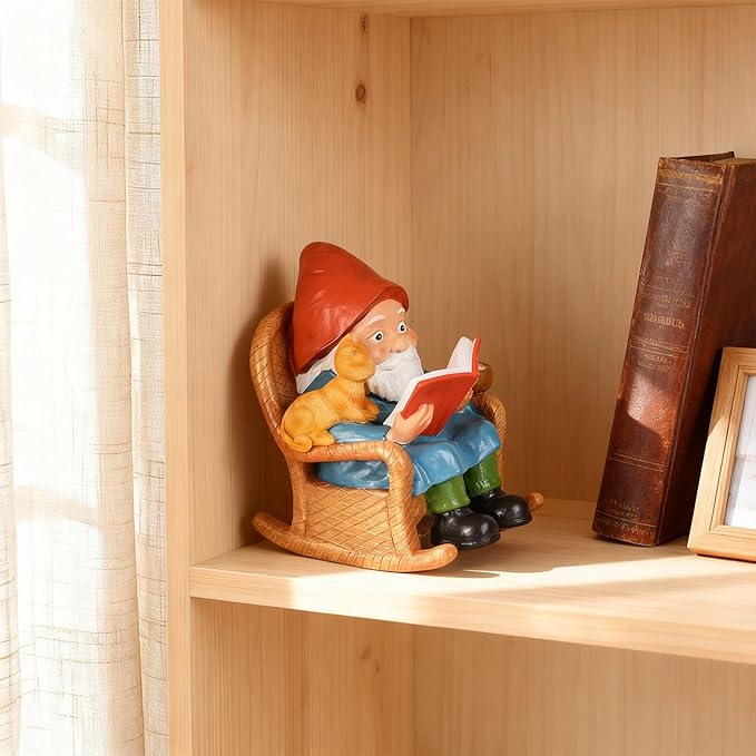 Garden Gnome Statue – Resin Gnome Figurine Reading Book Sculpture with Cat, Hand-Painted Outdoor Decoration for Patio, Lawn, Yard, or Porch, Whimsical Garden Ornament Gift