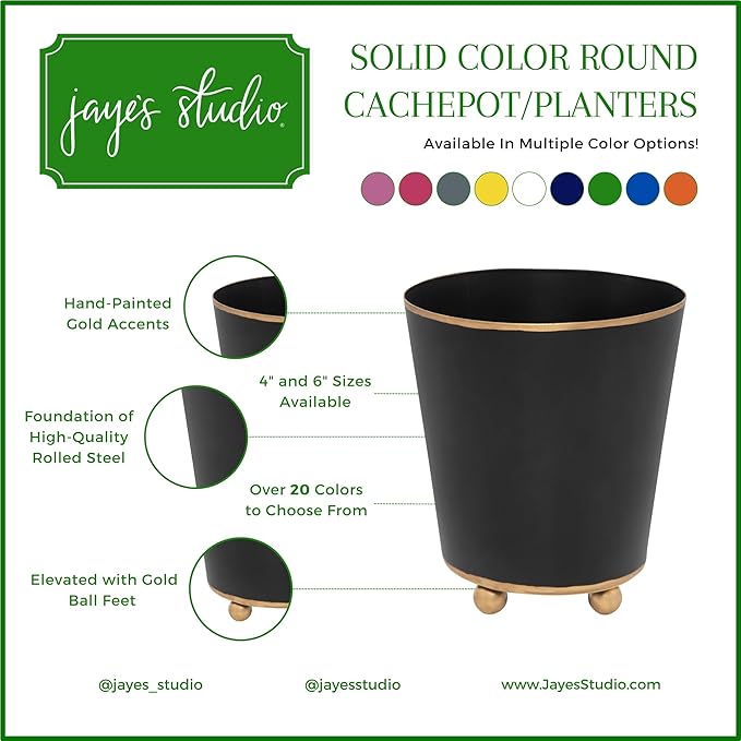 Jaye's Studio Mattie Black, Decorative Round Cachepot & Planter, Matte Black, Gold Trim & Finish, Hand-Painted, Handcrafted Metal, Luxury Indoor Planter, Size 6"