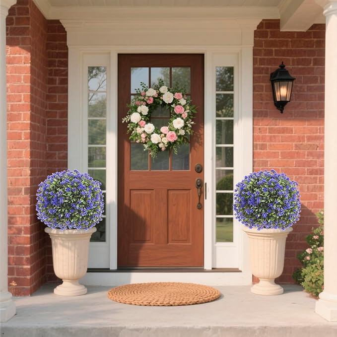 R’s Ceder Artificial Boxwood Topiary Ball Trees with Purple Rose, 2 Set of 19'' UV Resistant Fake Evergreen Shrubs Bushes Plants with Ground Spike Fake Plants for Outdoor Indoor Front Porch Garden