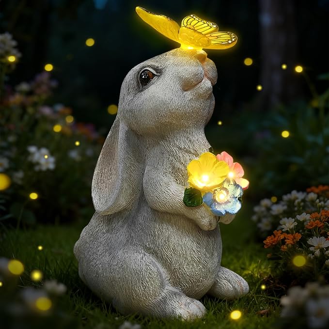Garden Statue Outdoor Decor, Rabbit Figurines with Solar Butterfly Changing Color LED Lights, Bunny Ornament for Patio Backyard Lawn, Birthday Housewarming Gift for Women Mom Grandma