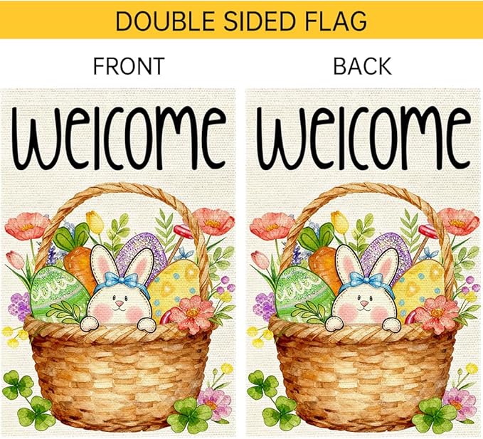 Welcome Spring Garden Flag Easter Bunny with Eggs Garden Flags 12x18 Inch Double Sided Burlap and Flowers Outdoor Decoration