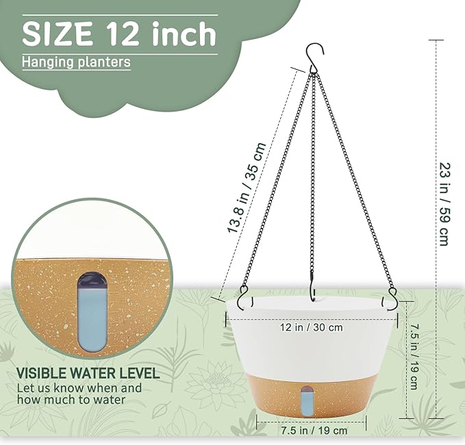 ZMTECH 12 Inch Hanging Planters for Indoor, 3 Pack Large Hanging Plant Pot with Visible Water Level and Chain, Self Watering Hanging Flower Pot for Outdoor Garden Porch(White)
