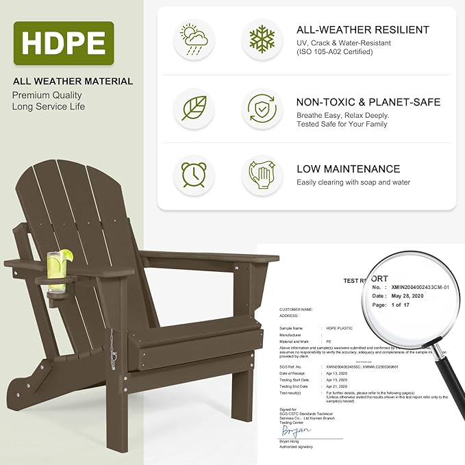 Folding Adirondack Chairs Set of 4 - Plastic Adirondack Chairs with Cup Holder, Weather Resistant for Outdoor, Patio, Lawn, Garden, Backyard Deck, Fire Pit - Dark Brown