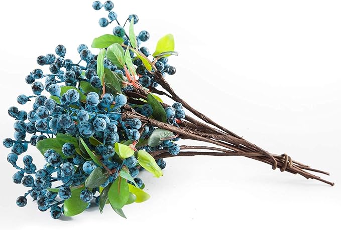 SHACOS Artificial Blue Berry Stems Pack of 20 Fake Blue Berries with Green Leaves 9.8 inch Fake Blueberries Picks for Christmas Decorations Crafts Holiday Home Decor Blueberry