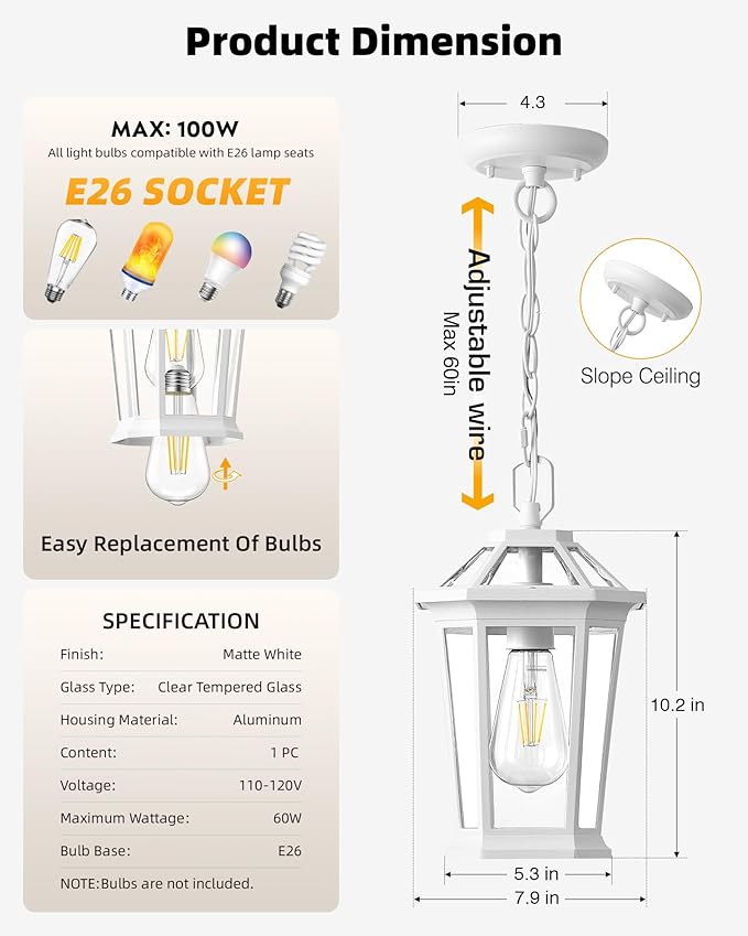 VIANIS White Outdoor Pendant Lights, Modern Hanging Outside Lights Lantern, Aluminum Porch Lights Outdoor Ceiling, Outside Chandelier for Porch with Clear Glass for House, Doorway