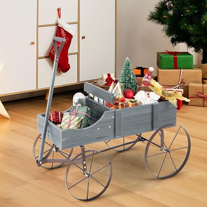 Goplus Wagon Planter, Decorative Wooden Garden Planter with Wheels, 2 Planting Sections and Adjustable Handle, Indoor Outdoor Backyard Balcony Decor (Gray)
