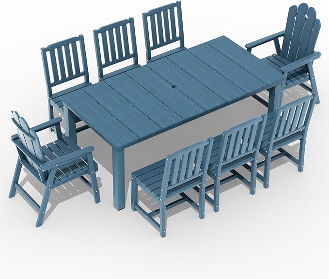 9-Piece Patio Dining Set, Outdoor Dining Set for 8, HDPE All-Weather Outdoor Furniture with 75.20” Umbrella Hole Table, 2 Armchairs & 6 Armless Chairs, Navy