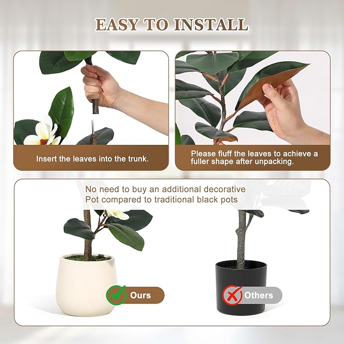 Rubber Tree 5 ft Artificial Tree in White Planter Pot, Faux Plants Indoor Faux Floor Plant Artificial Plants with 7 Pcs Magnolia Flowers for Home Decor, Artificial Fiddle Leaf Fig Tree for Office