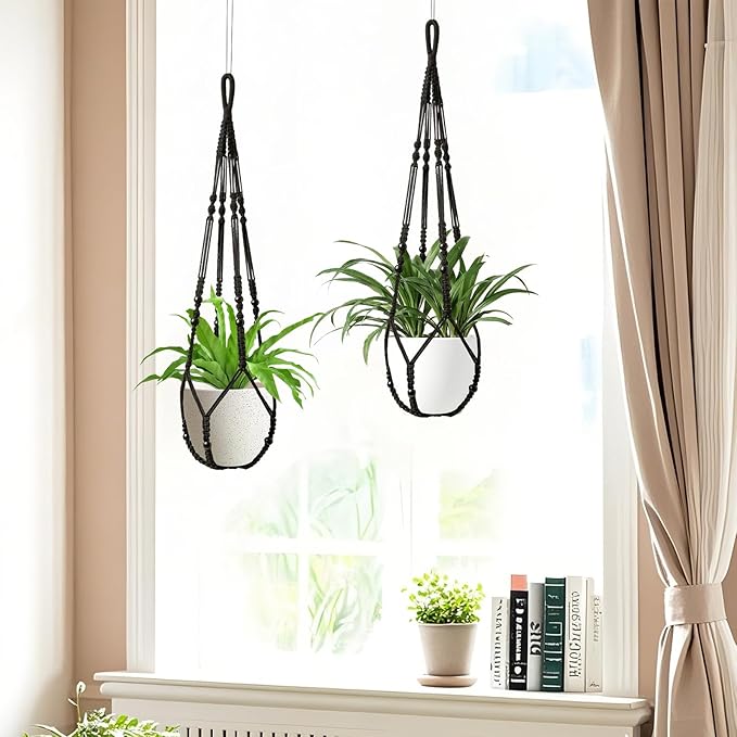 LEWESU Macrame Plant Hanger Indoor Set of 4 with 8 Hooks, Indoor Outdoor Hanging Planter for Plants Holder with Decorative Wood Beads & No Tassels, Boho Home Decor, 35 Inch Black (Pots Not Included)