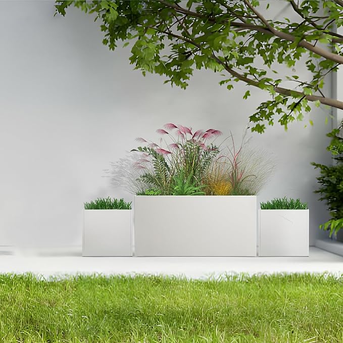 GZGNEEVL White Steel Rectangular Planter Metal Outdoor Indoor Planter Box 31.5" L x 16" W x 16" H Galvanized Steel Large Rectangle Planters Modern Commercial Residential for Trees Patio Yard Garden