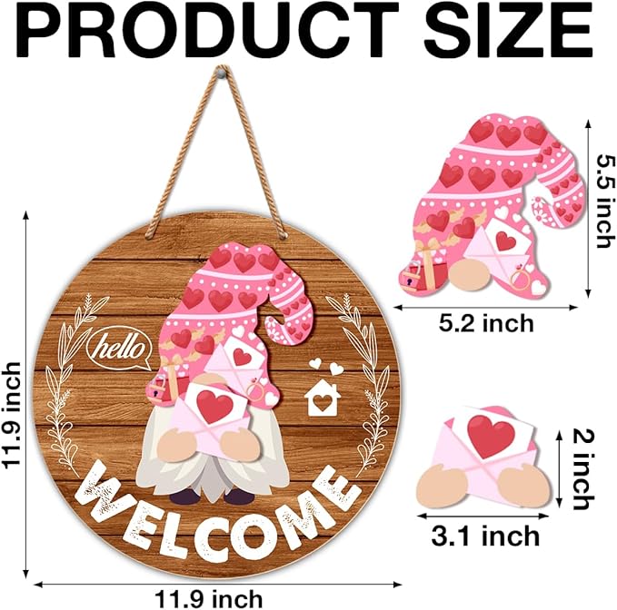 Interchangeable Gnome Welcome Sign Valentine's Day Porch Decor, Changeable Wooden Gnomes Front Door Decoration Wreath Hanger for Spring Summer Fall Winter All Seasons Holiday, Red Brown