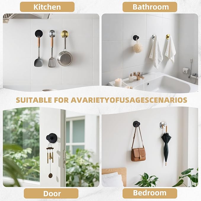 Upgrade Suction Cup Hooks for Shower,Heavy Duty Towel Hooks for Bathrooms, No Drill Suction Hooks for Inside Shower, Reusable Shower Hooks for Glass Doors & Windows(2 Pack Gold)