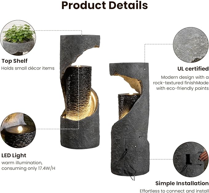 35.4" H Water Fountain Outdoor Water Feature Indoor,Modern Spiral Water Fall Fountains for Outside for Garden, Patio, Deck, Yard, Porch, Office with Lights Home Art Decor