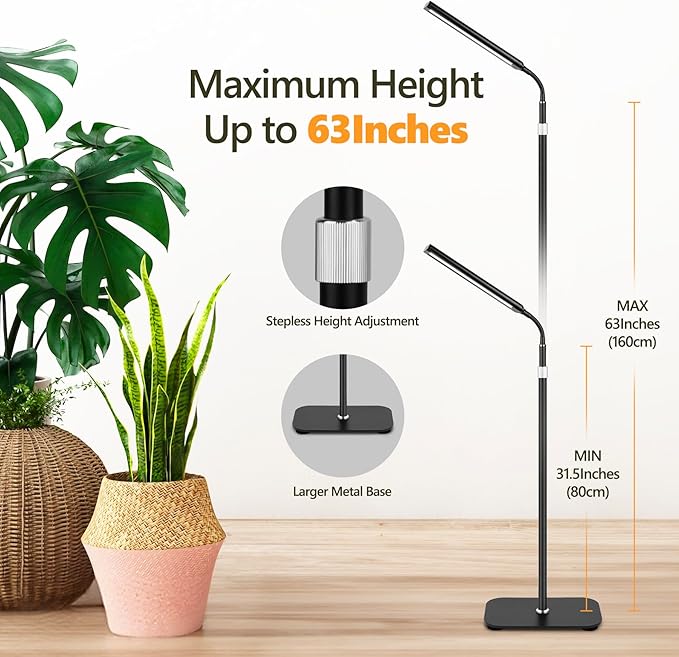 VSOKE Grow Light for Indoor Plants, Full Spectrum LED Grow Light with Stand, Auto On/Off Timer, Height Adjustable Floor Plant Lamp with Gooseneck, 10-Level Dimmable Light for Small Tall Houseplants