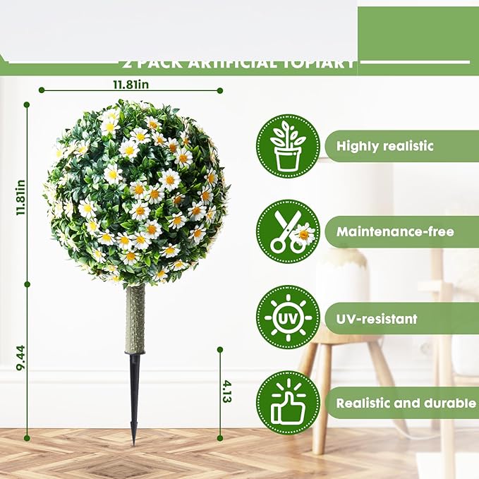 Set of 2 Artificial Topiary Ball Trees with White Mum for Outdoor with Ground Spike,22" UV Resistant Faux Boxwood Ball Tree, Fake Green Boxwood Plants for Garden, Yard, Porch, Patio Decor