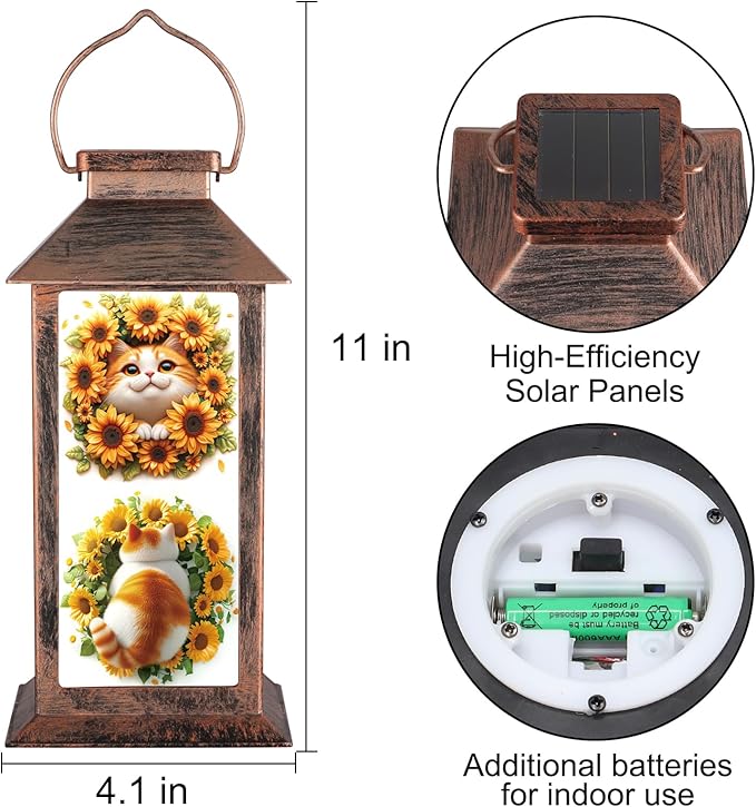 Solar Lanterns for Garden Decor,Waterproof Design Ideal Birthday Gifts for Women, Mom, and Grandma Solar LED Hanging Lights for Yard, Patio, Lawn, and Porch(Cat + Sunflower)