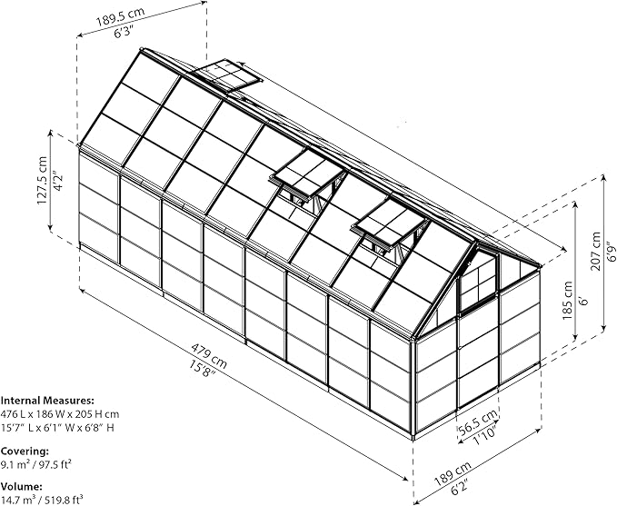 Palram - Canopia Snap & Grow 6 Ft. x 16 Ft. Greenhouse Kit Hobby DIY Walk In Green House Heavy Duty Polycarbonate, Aluminium Frame, with Lockable Door and Vent for Outdoors, Garden, Backyard In Silver
