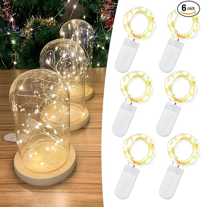 6 Pack 7FT 20 LED Battery Operated Fairy Lights, Warm White Mini String Lights with Silver Wire, Twinkle & Firefly Lights for Mason Jars, Wedding, Party, Christmas Decoration, Centerpieces