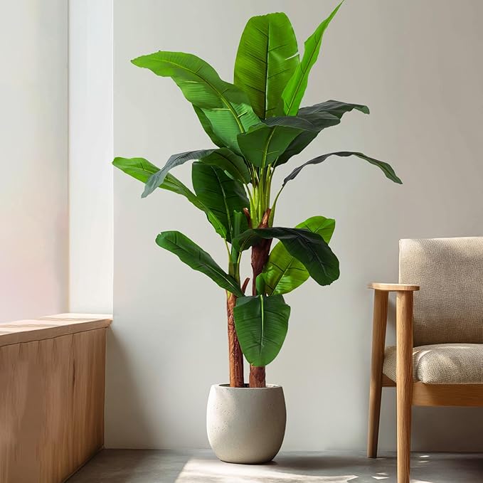 Artificial Banana Tree 6ft, Faux Tropical Palm Tree Plant with Realistic Leaves, Low Maintenance Indoor Outdoor Decor for Home Office Porch, in Nursery Pot