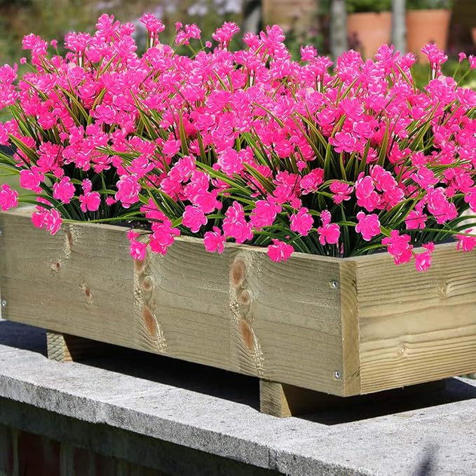 Grunyia Artificial Flowers Outdoor UV Resistant Fake Plants Indoor Outside Hanging Planter Home Garden Decor, 10 Bundles (Pink)