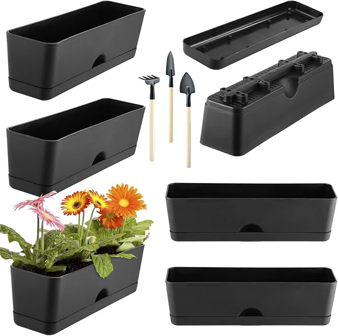 6-Pack Large Window Boxes Planters 16 Inch Rectangle Plant Box Rectangular Planters for Outdoor and Indoor Plants Plastic Windowsill Planter for Herbs Vegetable Flowers Long Window Sill Planters