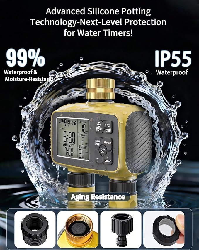 Smart Sprinkler Timer, 2-Zone Programmable Water Hose Timer with Rain Delay & Manual Mode, Outdoor Irrigation System for Garden, Lawn, Yard, Patio Drip Watering (Brass)