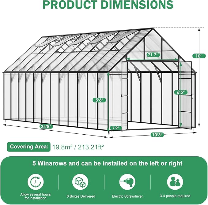 CDCASA 10x24 FT Greenhouse for Outdoors,Large Easy Assembly Thicker Aluminum Polycarbonate Greenhouses with 5 Windows, Double Door,Outside Walk-in Green House for Patio, Backyard,Garden
