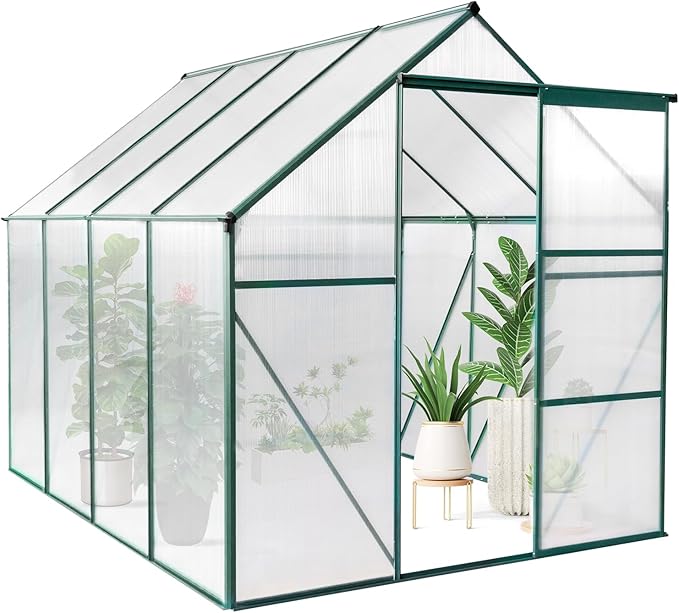 VINGLI Greenhouse, 6x8 FT Heavy Duty Polycarbonate Greenhouse with 5 Roof Vents, Aluminum Frame, Sliding Doors, Green