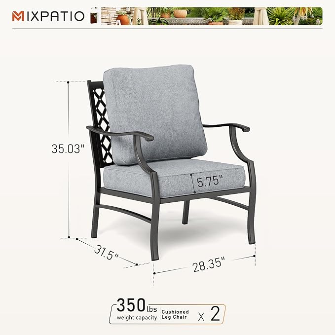 Patio Chairs Set of 2, High Back Outdoor Patio Metal Leg Chairs with 5.75" Thick Cushions for Bistro Balcony Porch Deck and Yard, Grey