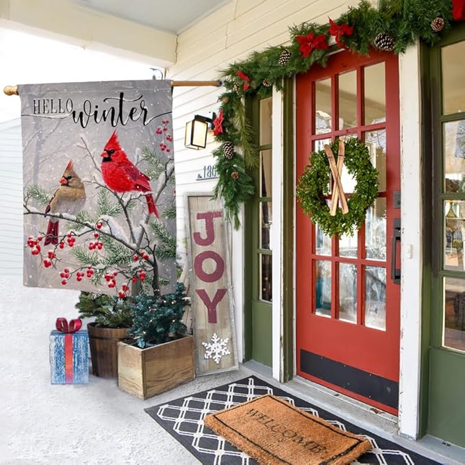 Winter Cardinal Bird House Flag 28 x 40 Vertical Double Sided Farmhouse Trees Snow Christmas Holiday Outside Decorations Burlap Yard Flag BW233-40