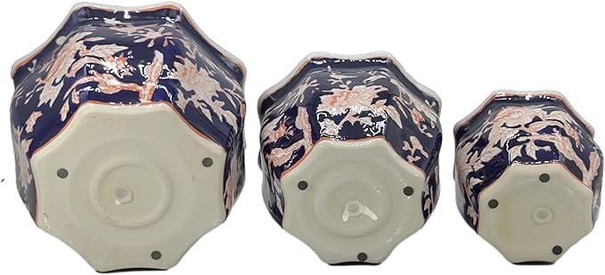 Galt International Blue & Pink Round Fluted Floral Porcelain Ceramic Plant Flower Planter Pot Set of 3 (7.5", 10", 13") Garden Pots Chinese Asian Design