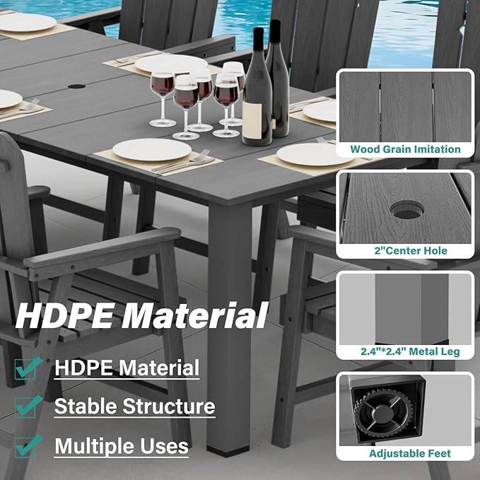 9-Piece Patio Dining Set, Outdoor Dining Set for 8, Large HDPE All-Weather Outdoor Furniture with 89.57” Umbrella Hole Table, 8 Armchairs, Gray