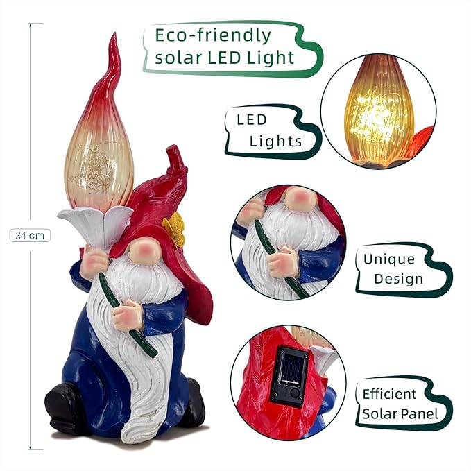 Generic Garden Gnome Statues Solar Outdoor Decor Hold Torch Waterproof LED Lights Gnomes Sculpture for Outside Lawn Patio Yard Ornament, Red
