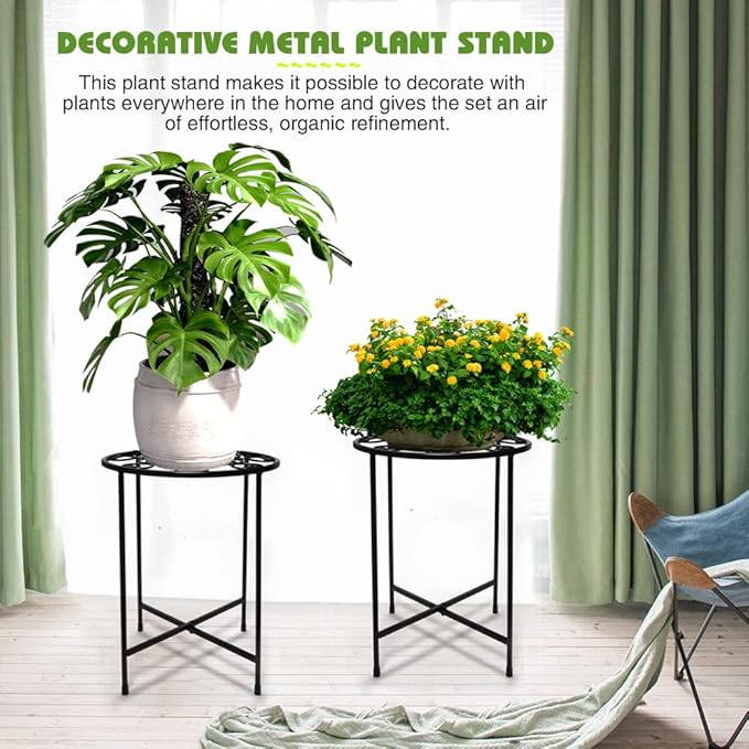 KABB Metal Plant Stand, 15'' Tall Flower Pot Set, Modern Rustproof 10-inch Round Outdoor Iron Art Stand, Black Decorative Stool for Indoor Plants
