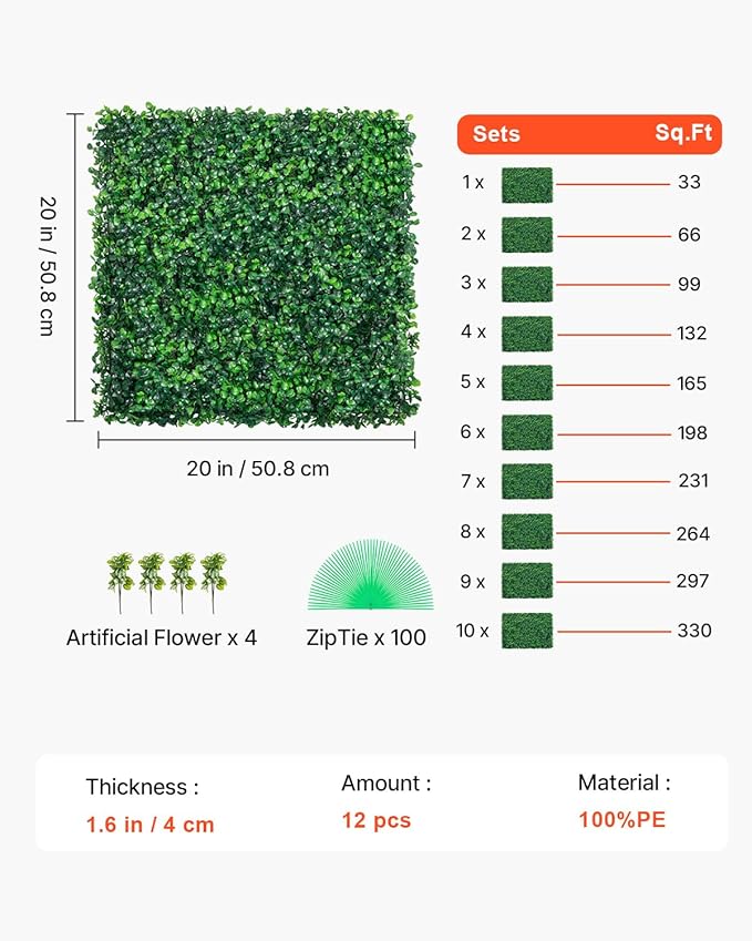 VEVOR 12PCS Artificial Boxwood Panels, 20 x 20 inch Boxwood Hedge Wall Panels Artificial Grass Backdrop Wall, 1.6 in Sun Protected Privacy Hedge Screen for Indoor Outdoor Garden Fence Backyard