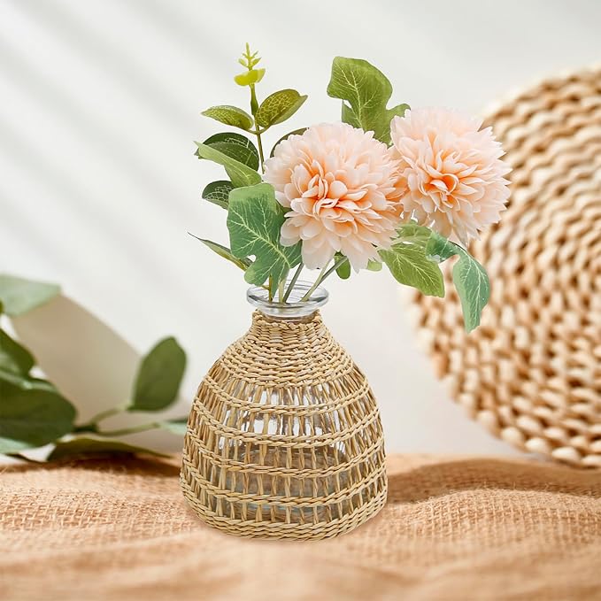 Flower Vases with Rattan Cover, Straw Woven Glass Vase, Rattan Woven Vase Decorative, Glass Flower Vase, Boho Glass Flower Vase, Vase for Home Flower Arrangement Table Decoration, 5.3''X3.5'',D Style
