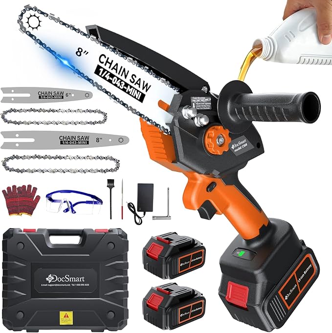 Mini Chainsaw Cordless, 8 inch & 6 inch Electric Chain Saw with 2pcs 4000mAh Batteries, Battery Powered Handheld Saw for Trees Trimming Wood Cutting, Ideal Gift for Men Dad Husband, Orange