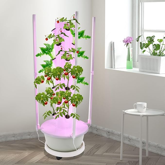 Hydroponic Growing System, 28-Plant Vegetable Planter Tower with LED Light, Outdoor Indoor Garden Vertical Planter Germination Kit with Water Pump, Intelligent Water Circulation & Timer Function