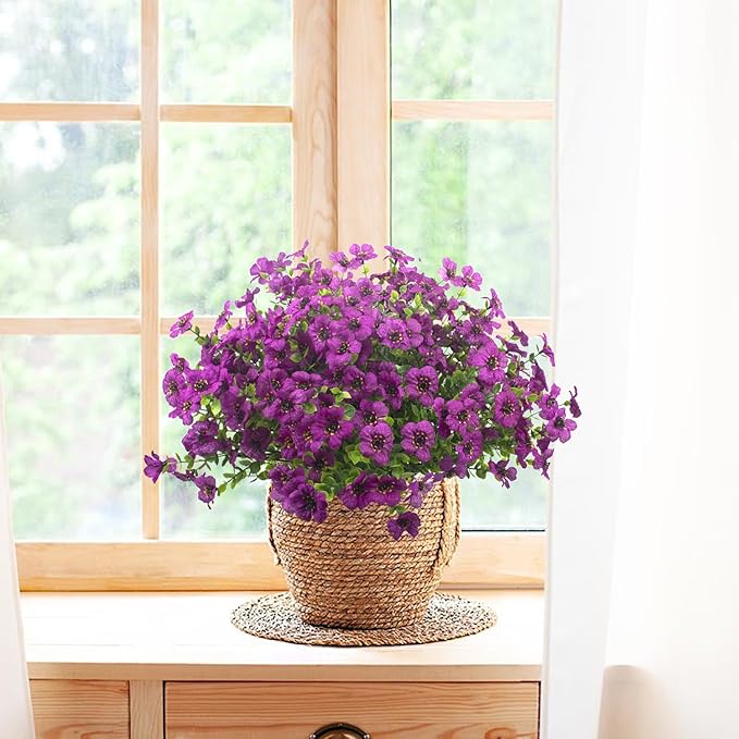 Grunyia 10 Bundles Artificial Flowers Outdoor UV Resistant Fake Flowers No Fade Faux Plants Garden Porch Window Box Decorating (Light Purple)