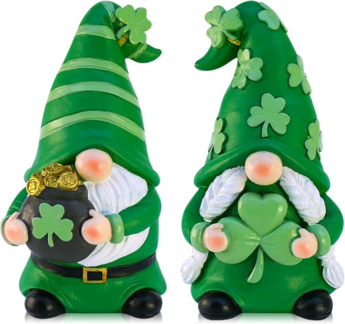 St Patricks Day Decorations Gnomes, 2 Pack Handcrafted Irish Gnomes Lucky Leprechaun Figurines, Shamrock Decor for Table Tiered Tray Shelf