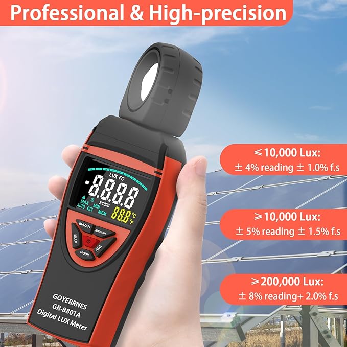 GOYERRNES Illuminance Light Meter, Digital Lux Foot Candles Meter 0.1~400,000 Lux (0.1~40,000 FC) with 270º Rotatable Detector, Lumen Meter Luxmeter for Indoor Outdoor(Multicolor Backlit)