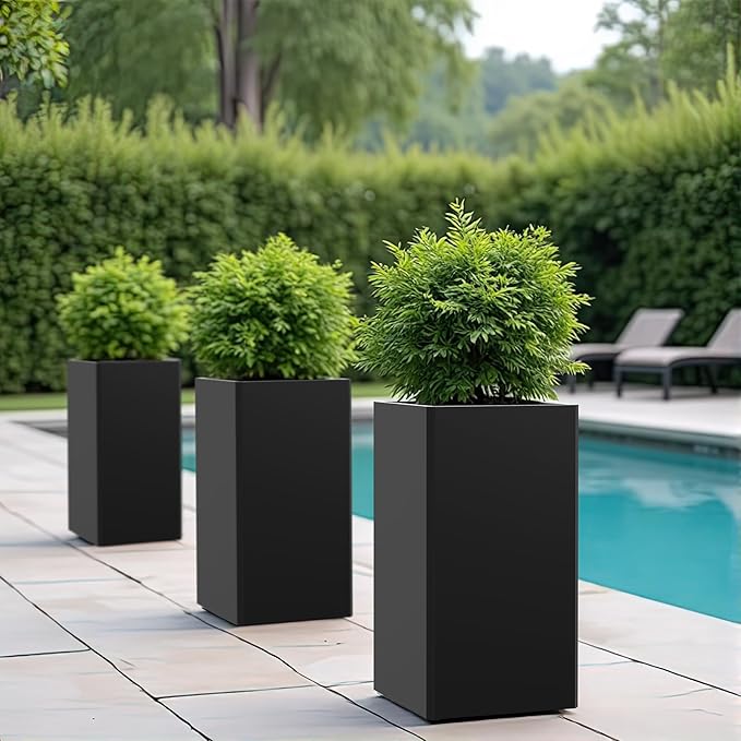 Gabviem Tall Black Planter 28" Metal Square Large Plant Pots for Indoor Outdoor-Modern Tall Flower Pots for Porch, Patio, Deck, Commercial & Residential(14" Lx14 Wx 28" H)