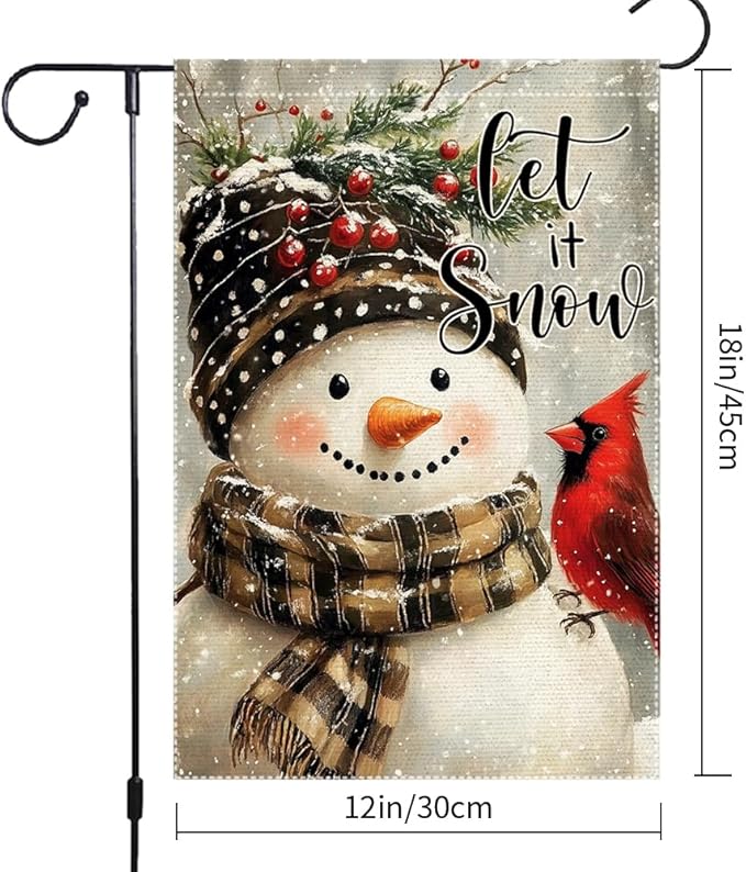 Let It Snow Garden Flag 12x18 Inch Double Sided Burlap Snowman Winter Yard Flag Cardinal Outdoor Holiday Christmas House Banner Small Seasonal Welcome Decoration for Porch Lawn