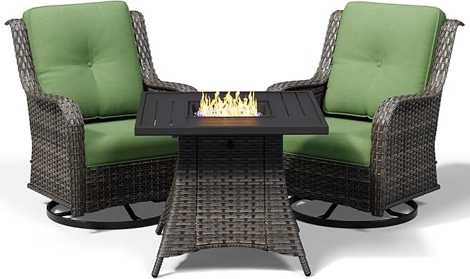 Joyside 3 Piece Wicker Patio Furniture Set with Fire Pit Table, Outdoor Swivel Rocker Patio Chairs with High Back, Deep Seating, Wide Armrest, Thickened Cushions, Outdoor Furniture for Deck, Porch Use