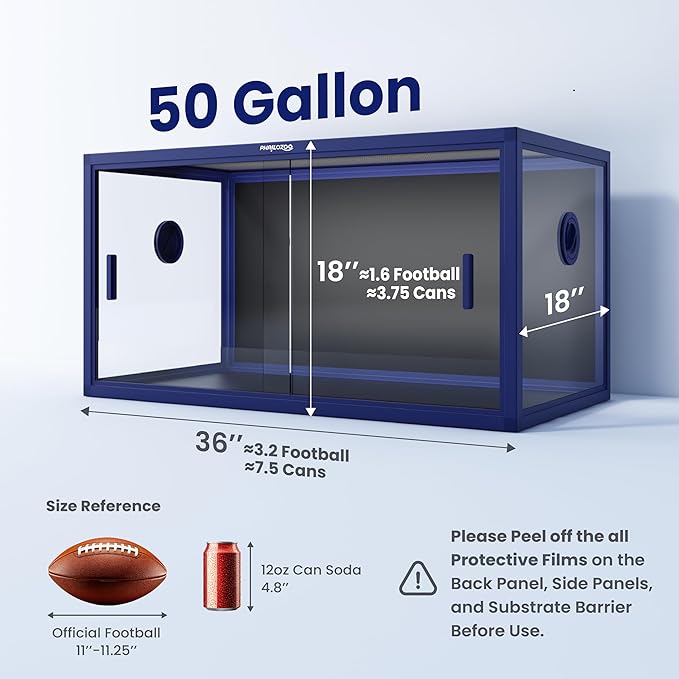 Phailozoo 50 Gallon Bearded Dragon Tank, Reptile Enclosure for Easy Maintenance, Front Opening Reptile Tank with Top Screen Ventilation & Glass Sliding Door 36''x18''x18''