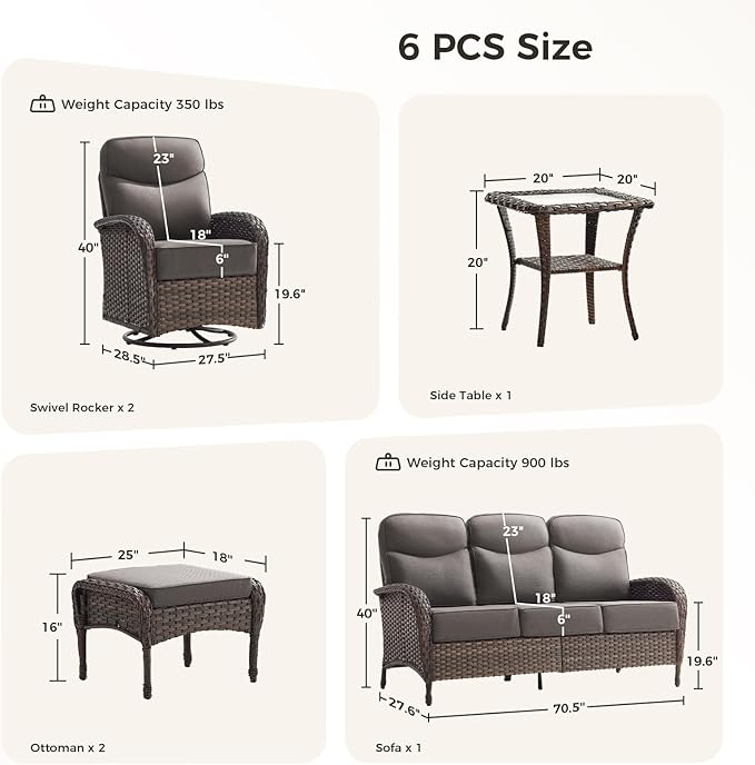 Luxury Patio Furniture Set with 6-inch Thick Cushions, Outdoor Furniture Set with High Back Swivel Chairs, 6 PCS Wicker Outdoor Conversation Set for Porch, Patio, Yard, Deck, Poolside, Brown/Grey