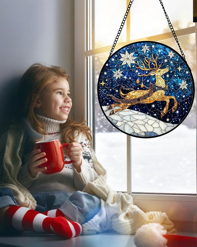 HWRHTR Stained Glass Window Hanging - Reindeer Blue Starry Sky Suncatcher for Doors Home Christmas Decoration Winter Sun Catcher Thanksgiving New Year Birthday Gifts for Women Men Mom Nana 15 in