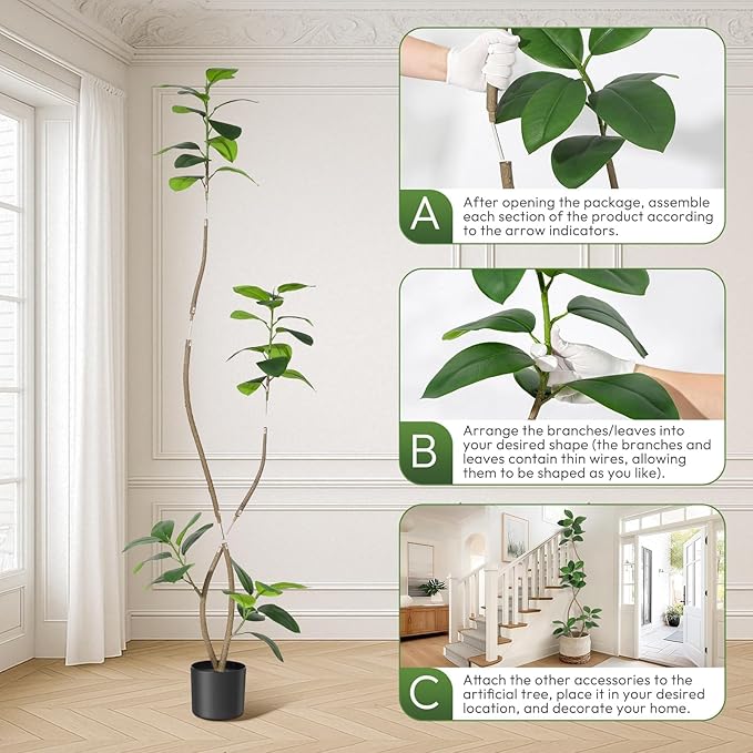 7 ft Artificial Plant Rubber Tree, Large Floor Tree Real Touch, Artificial Plants Indoor Potted with Black Sphere Resin Planter & Stone, Tall Plant Artificial Large Floor